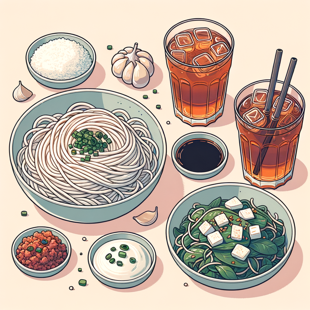Two white bowls of plain thick white noodles accompanied by three small glass bowls—one with dark savory dipping sauce and garlic slices, one with minced meat topped with chopped scallions, and one with sautéed leafy greens and ground meat—alongside a partially filled glass of iced tea.