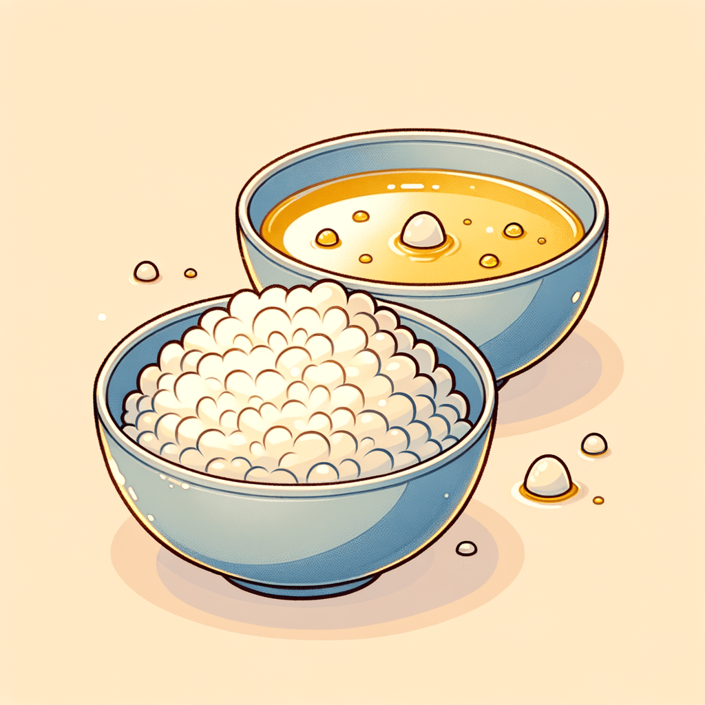 Two small ceramic bowls, one with a small serving of steamed white rice and the other filled with light golden broth with tiny oil droplets.