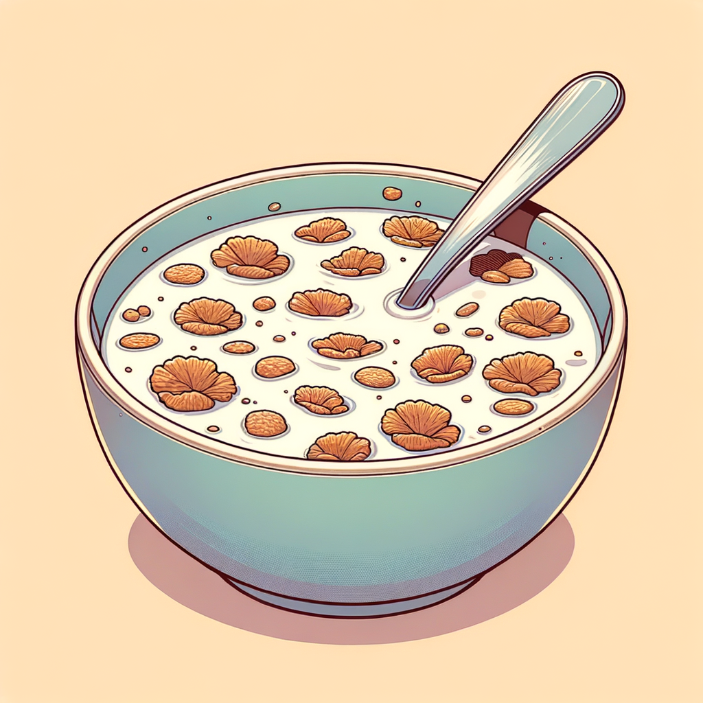 A round bowl filled with white milk and scattered brown cereal flakes partially submerged, with a spoon resting inside.