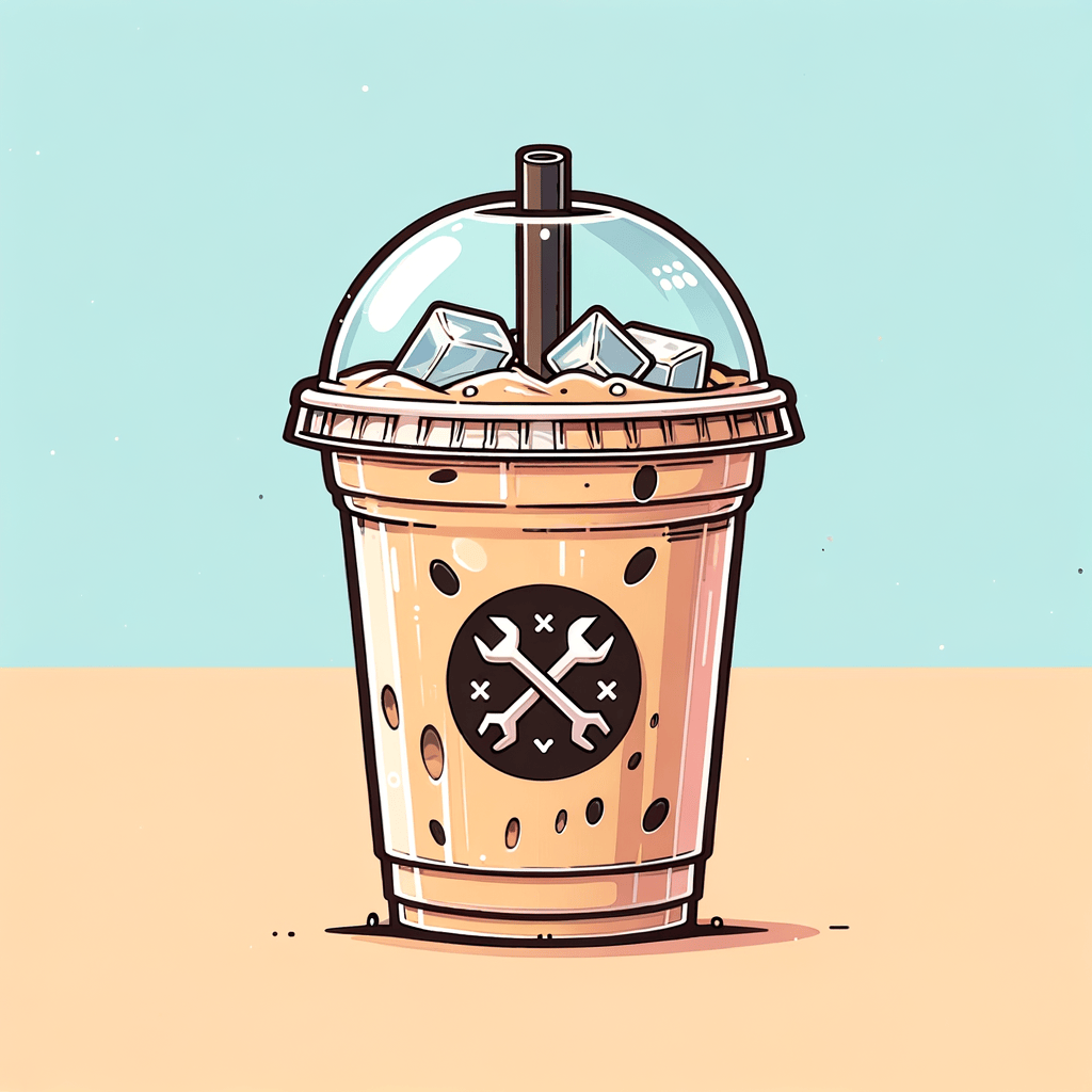 A clear plastic cup filled with light brown iced latte topped with ice cubes and a clear plastic lid, featuring a black and white circular logo with crossed wrenches.
