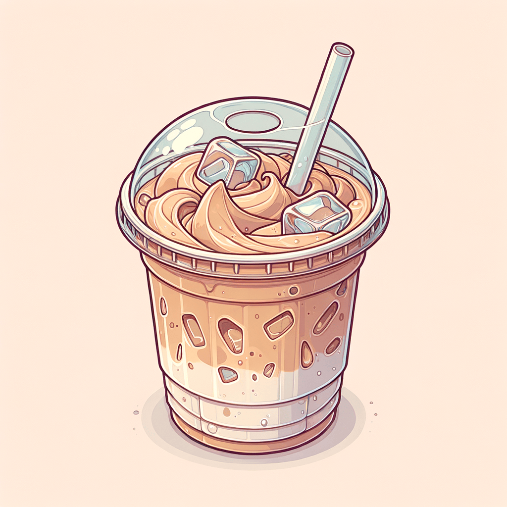 A clear plastic cup filled with iced latte, showing swirling layers of coffee and milk, ice cubes throughout, topped with a transparent plastic lid and a straw.