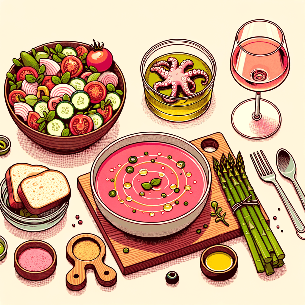 A wooden tabletop displaying a bowl of pink gazpacho drizzled with olive oil, a glass container of octopus and cucumber salad, a small bowl of tomato and bread salad, a plate of bright green asparagus spears, and a wine glass filled with pale rosé.