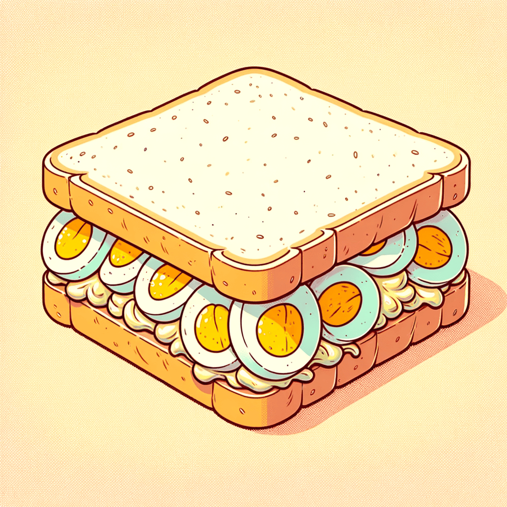 A white bread sandwich cut to reveal a thick layer of yellow creamy egg salad filling made with chopped hard-boiled eggs and mayonnaise.