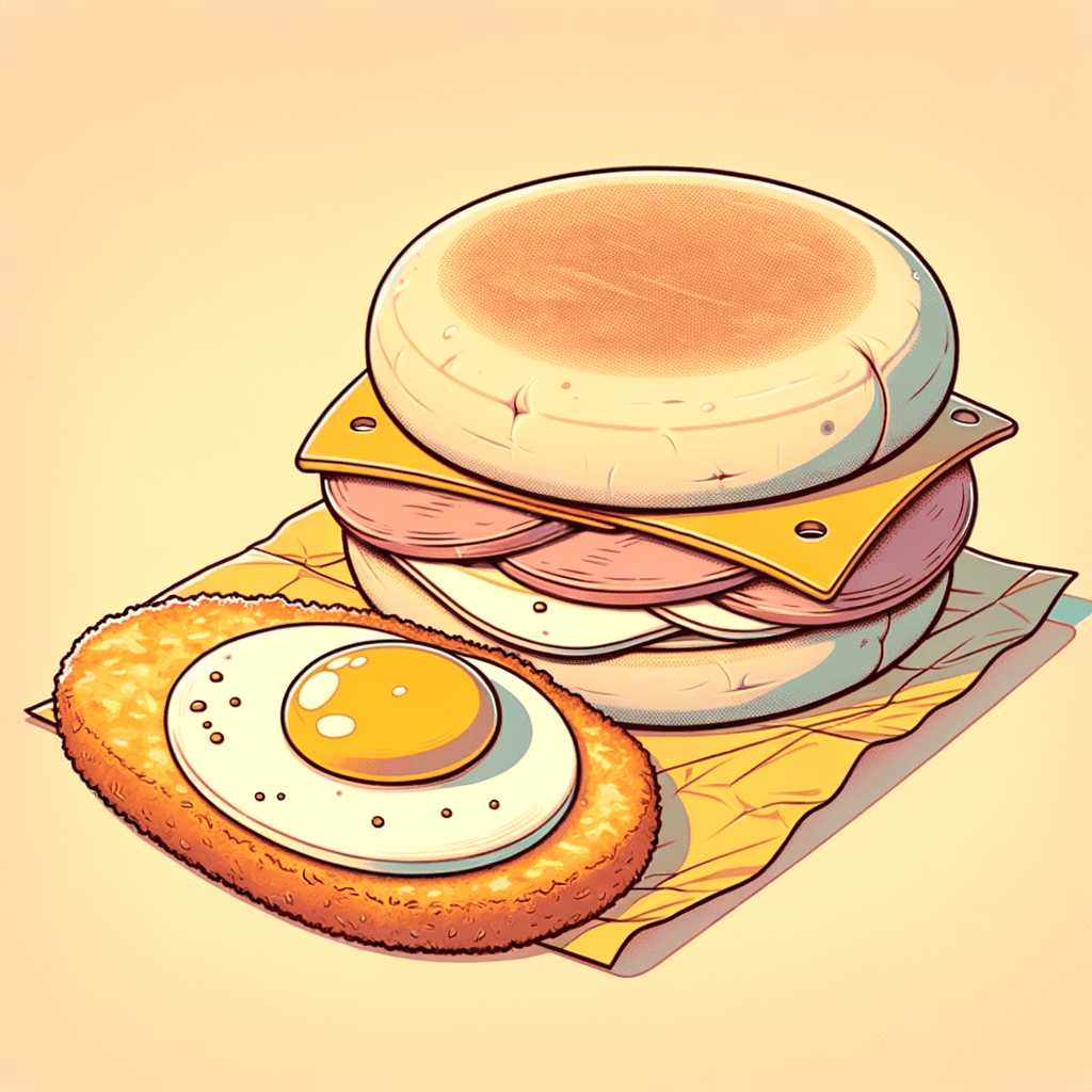 An open-faced English muffin sandwich layered with a round cooked egg, a slice of ham, and melted cheese next to a golden brown, oval hash brown on yellow fast-food paper.