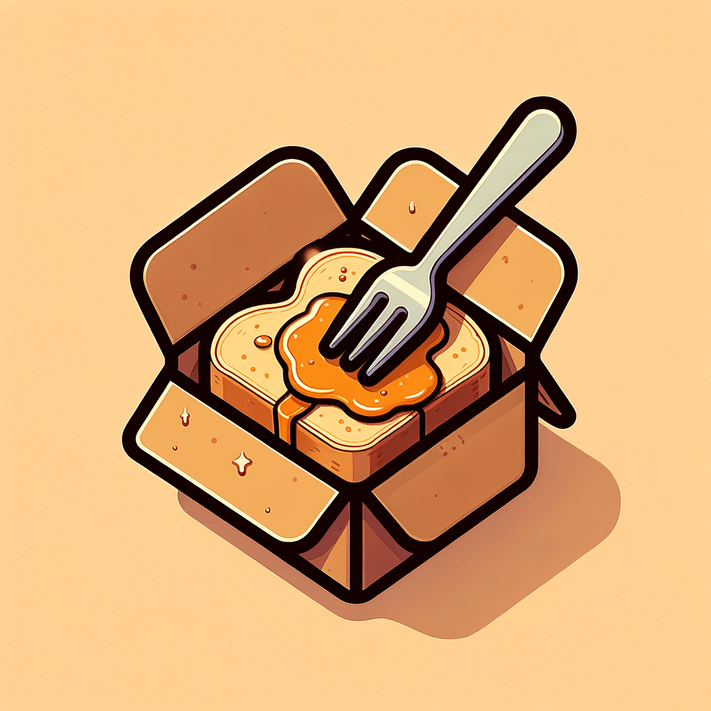 A brown cardboard takeout container holding a single slice of French toast soaked in glossy syrup, with a metal fork inserted into the toast.