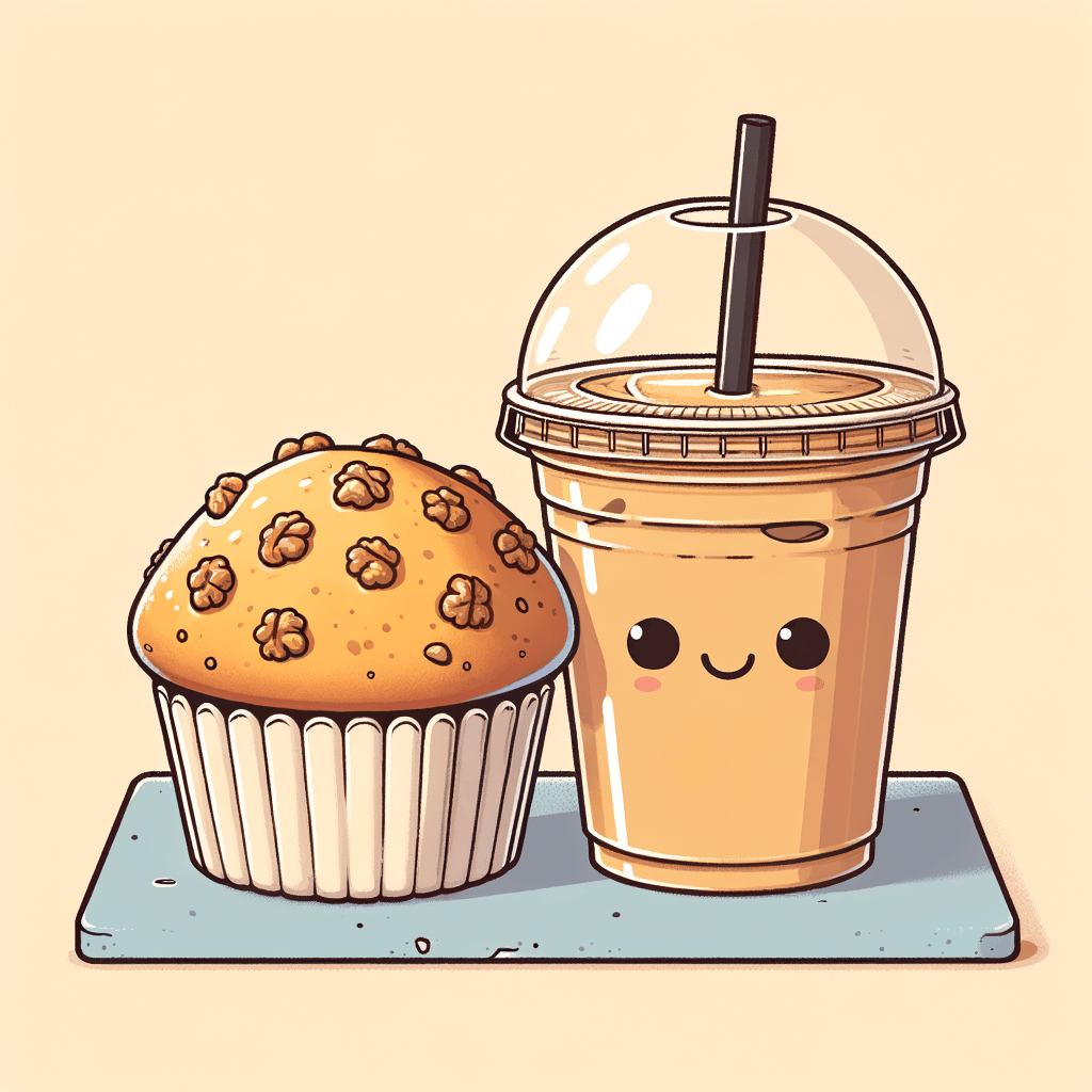 A paper-wrapped large muffin studded with walnut pieces next to a clear plastic cup of light brown iced latte with a black straw, set on a countertop.