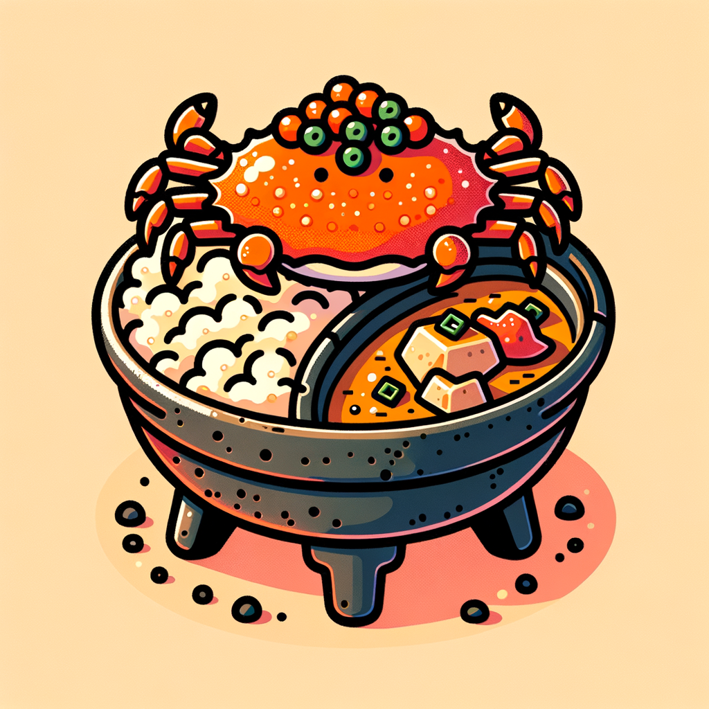 A crab shell filled with creamy golden crab roe topped with bright orange fish roe and sprinkled with chopped green scallions, set atop a small black charcoal grill, alongside a rustic stoneware bowl of Japanese curry: rich brown curry sauce with visible chunks of potato and carrot poured over a mound of white rice, topped with crispy fried chicken pieces and bright red pickled ginger.
