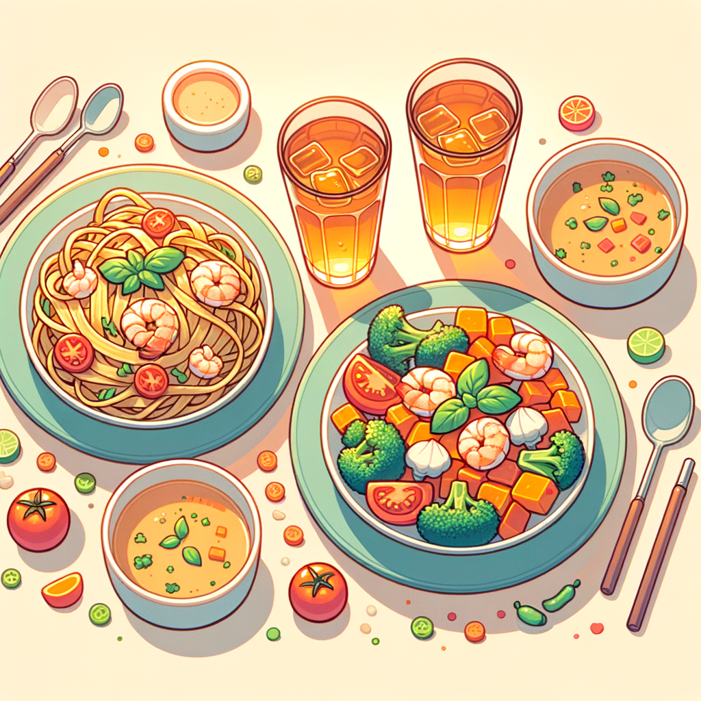 Two plates of linguine pasta with shrimp, diced tomatoes, fresh basil and parsley; two small bowls of clear vegetable soup with carrots and tomato pieces; a plate of vibrant sautéed broccolini with garlic; two tall glasses of amber iced tea; and two small cups of creamy beige drink with spoons.
