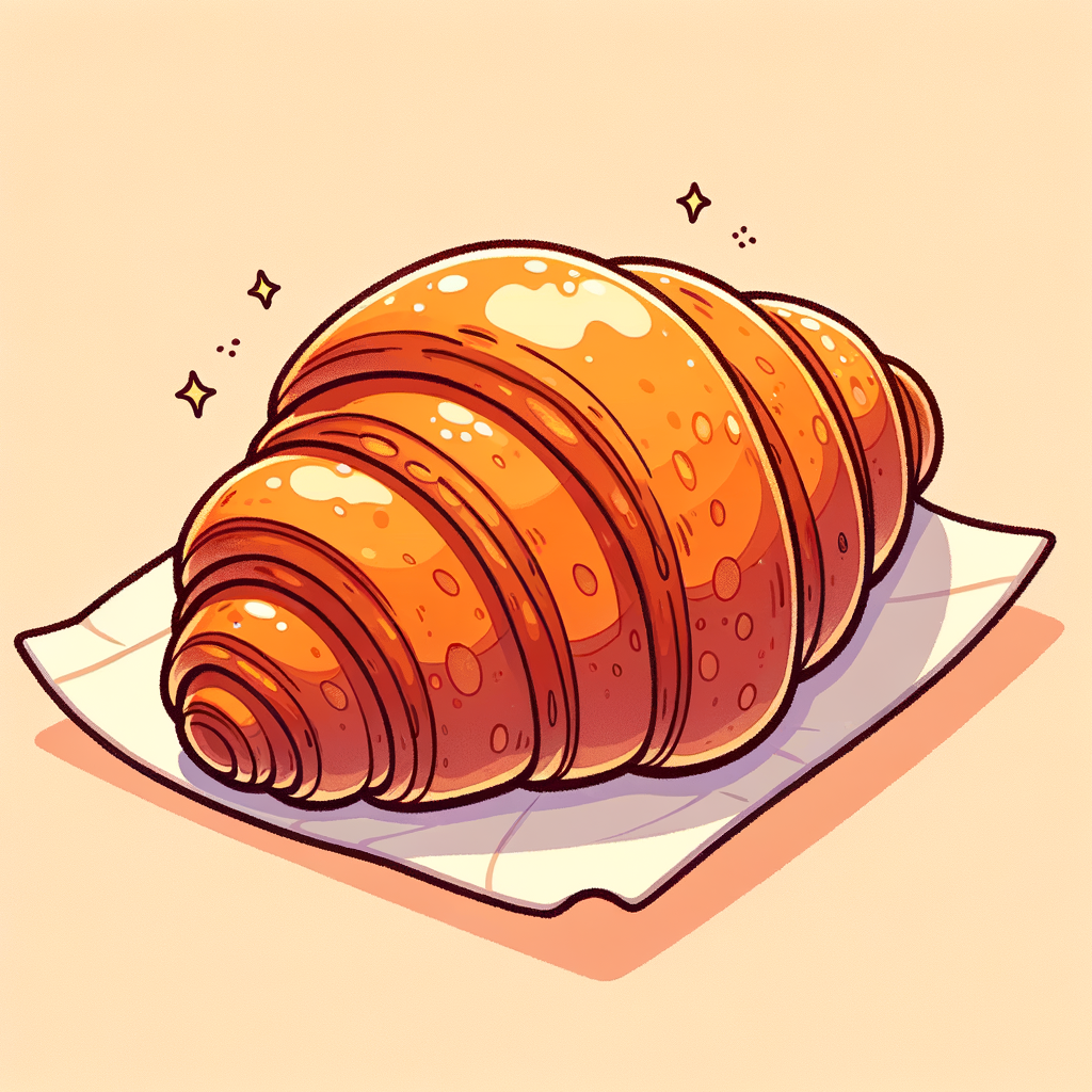 A single flaky, golden-brown croissant-like pastry with visible layers, a caramelized crust, and a tender, buttery interior, presented on a small white paper sheet.