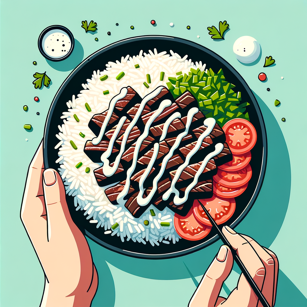 A black bowl filled with fluffy basmati rice on one side, piled with thin strips of spiced, grilled beef on another; the beef is drizzled with white garlic yogurt sauce and sprinkled with bright green parsley and small red tomato pieces, all arranged in distinct sections within the bowl.