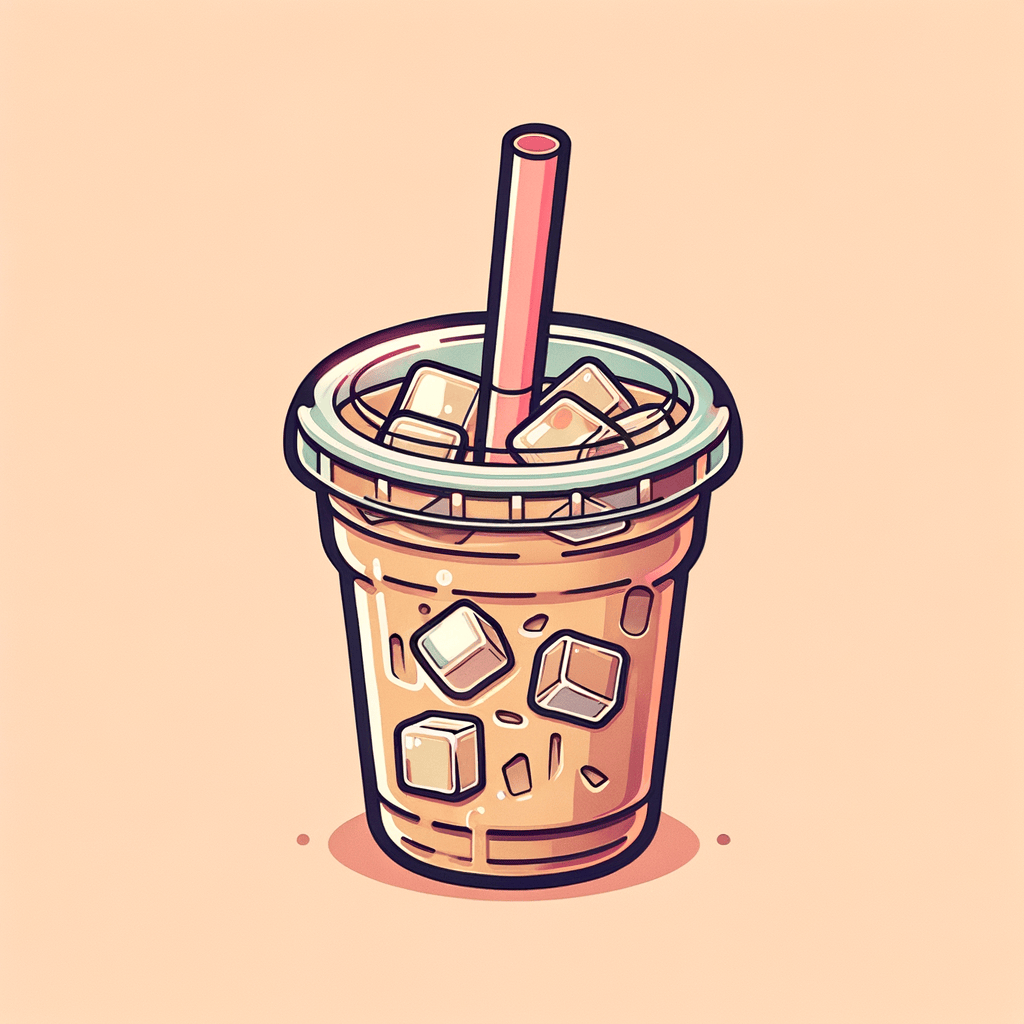 A clear plastic cup filled with light brown iced coffee and visible ice cubes, topped with a plastic lid and a pink straw inserted through the center.