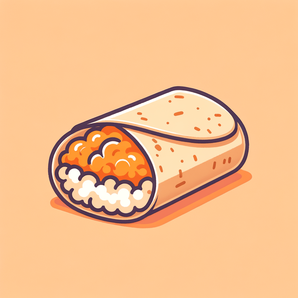 A half-eaten wheat tortilla wrap showing orange mashed sweet potato and white rice filling.