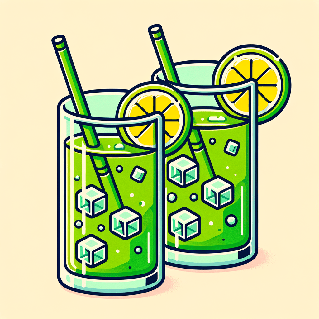 Two clear tall glasses filled with bright green juice containing small ice cubes and a thin lemon slice floating inside each glass, each glass served with a green reusable straw, no background elements visible.