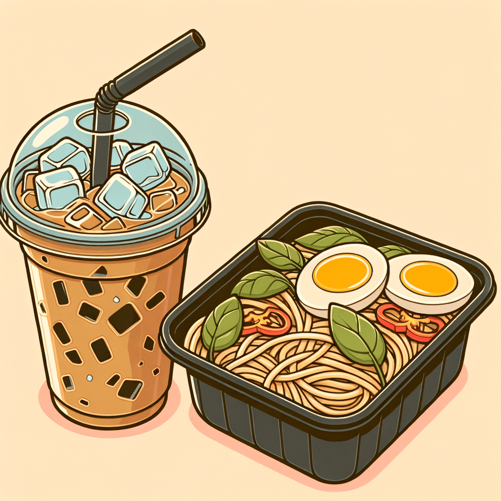 A clear plastic cup filled with iced coffee and ice cubes under a plastic lid, placed next to a black plastic container holding wide flat rice noodles stir-fried with scrambled egg pieces, red bell pepper slices and green basil leaves.