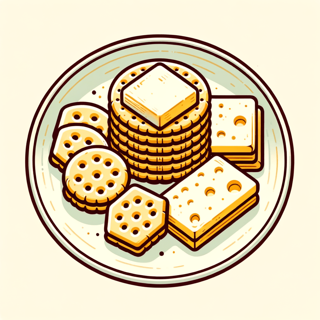 A flat plate arranged with neatly stacked round buttery crackers, hexagon-shaped herb crackers, and thin rectangular slices of pale yellow semi-hard cheese.