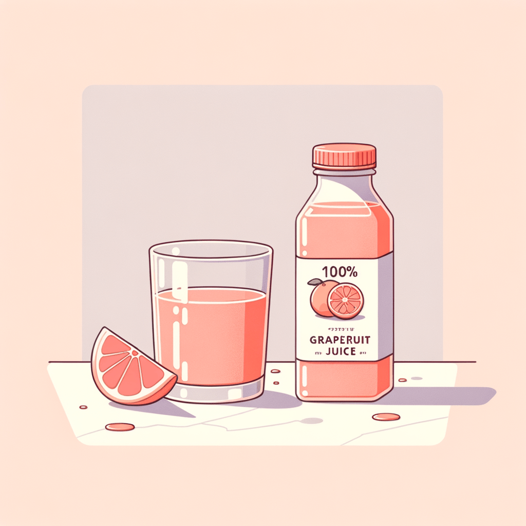 A clear glass partially filled with pink-orange grapefruit juice accompanied by an open plastic bottle labeled as 100% grapefruit juice, all on a marble countertop.