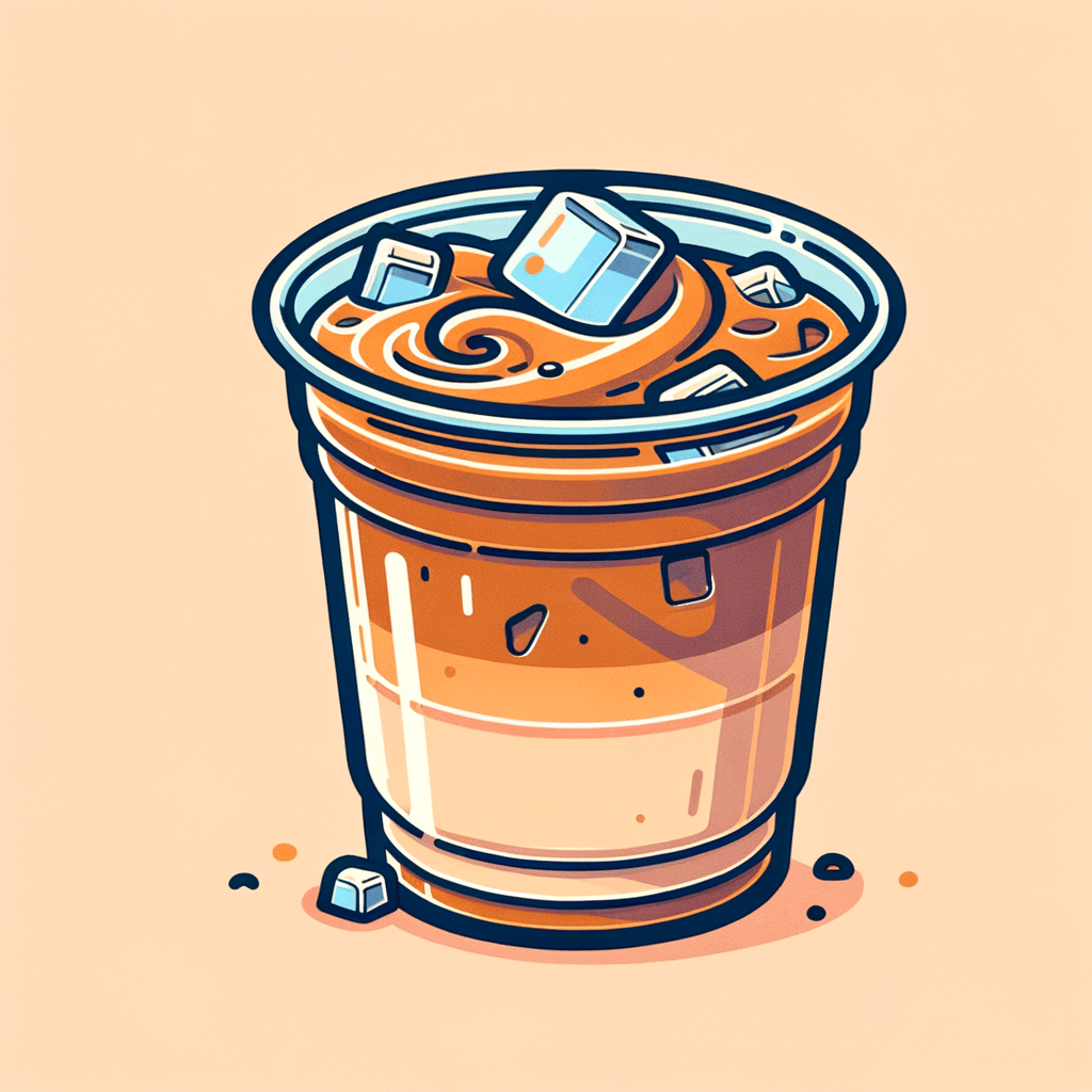 A clear plastic cup filled with amber-colored iced latte, with visible ice cubes and a creamy milk layer swirling into the espresso.