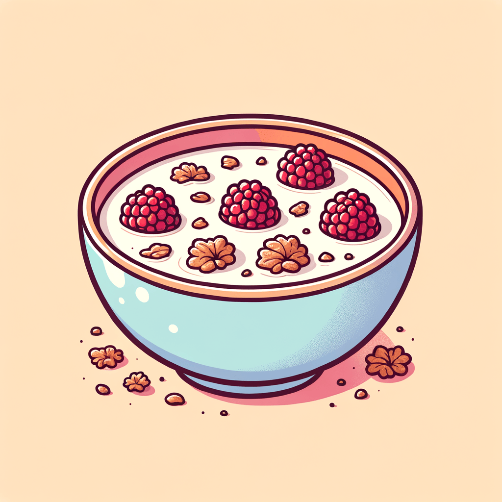 A shallow bowl filled with milk-soaked granola clusters and a few fresh raspberries floating on top.