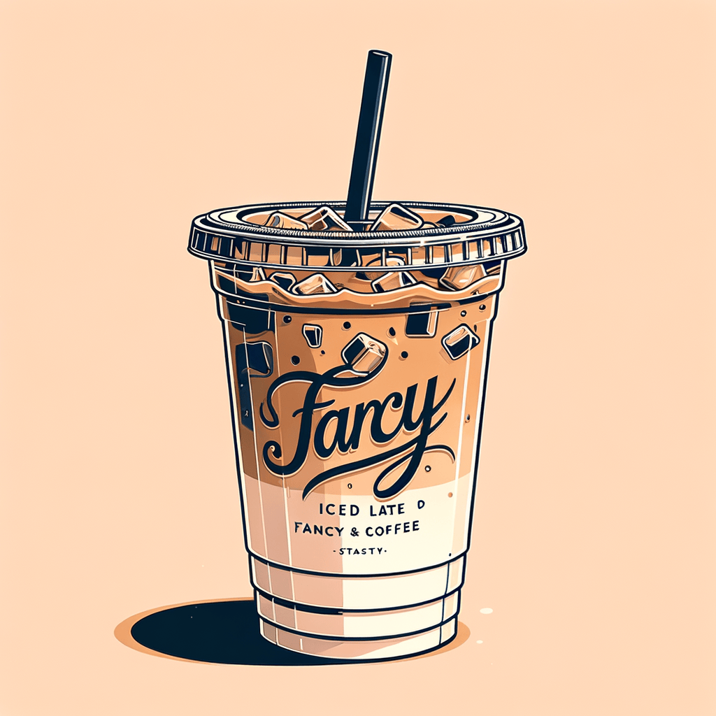 A clear plastic cup branded with script lettering, containing a layered iced latte with milk at the bottom and coffee above, ice cubes visible, and a black straw.