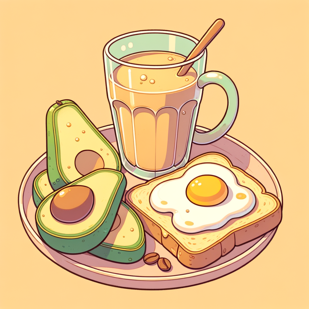 A plate featuring a slice of toasted bread piled high with golden scrambled eggs and arranged next to three thin avocado slices, accompanied by a clear glass of light brown coffee.