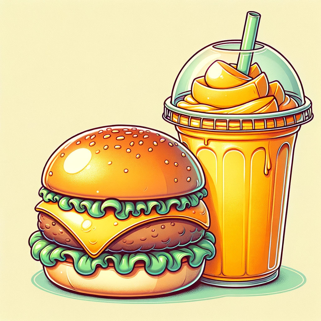 A classic cheeseburger on a brioche bun with melted cheese and green lettuce, shown alongside a clear plastic cup of mango smoothie featuring layers of bright orange mango puree and creamy ice, topped with a domed lid and straw.