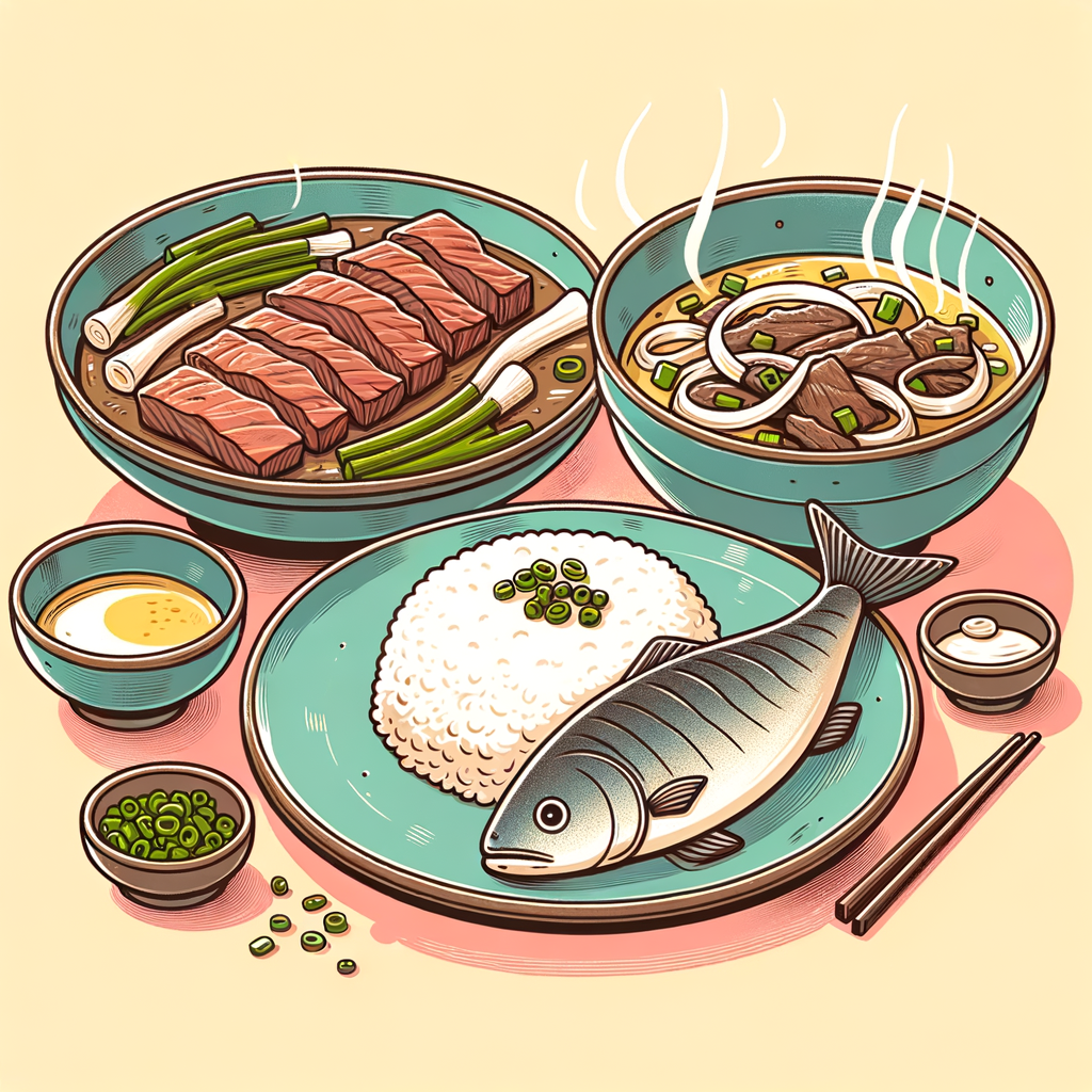 A simple ceramic plate holding a pan-seared fish fillet, another plate with stir-fried beef strips and green onions, accompanied by separate bowls of white rice and clear broth soup.