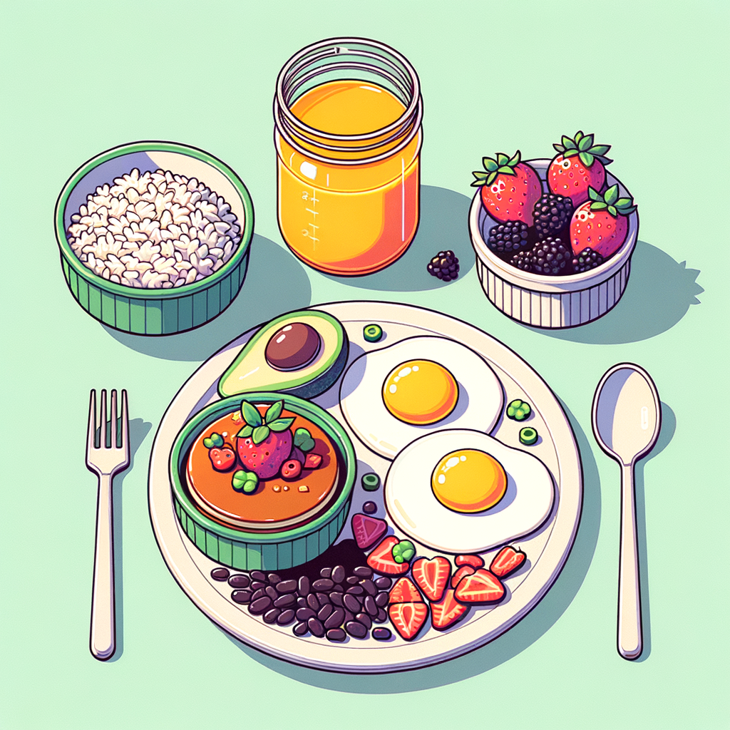 On a white plate with a green rim, two sunny-side-up eggs rest atop a bed of white rice and scattered black beans, all generously coated in bright red salsa and garnished with a sliced avocado half. Beside it, a second matching plate showcases a single golden-brown pancake topped with a cluster of halved strawberries and blackberries, served with a small white ramekin of syrup. A clear mason jar of orange-colored juice sits nearby.