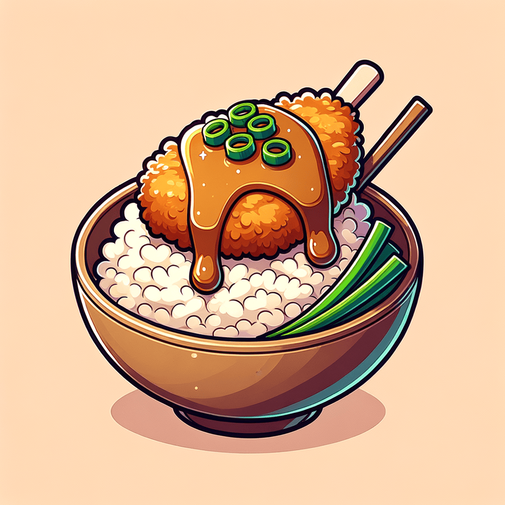A round bowl of white rice topped with a crispy golden chicken cutlet draped in thick brown curry sauce and garnished with thinly sliced green scallions.