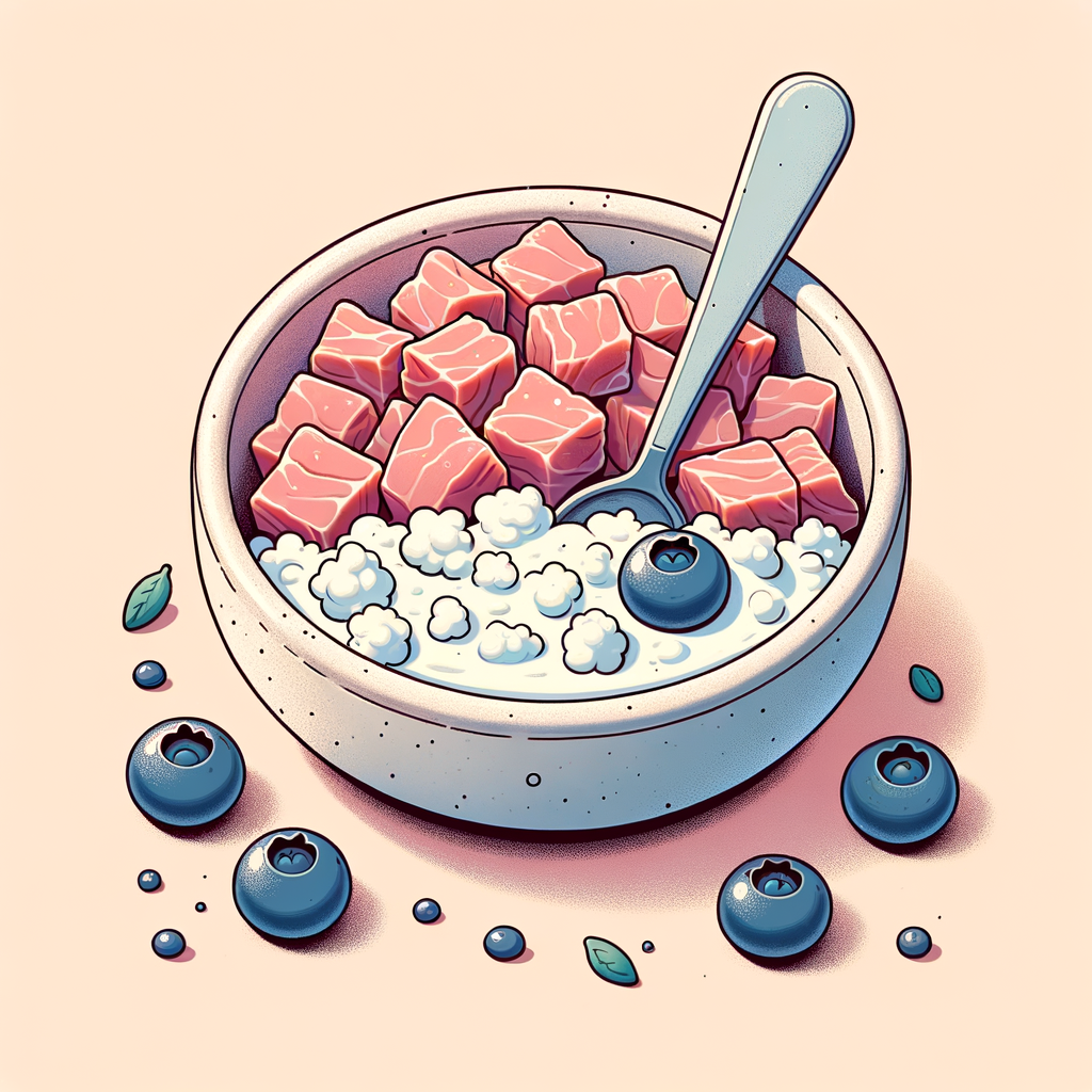 A top-down view of two small ceramic bowls: one bowl filled with chunky flakes of light pink tuna nestled next to white cottage cheese curds, and the other bowl containing smooth white yogurt with a handful of plump dark blueberries and a silver spoon resting inside.
