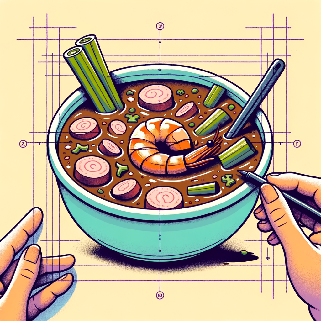 A to-go soup bowl filled with thick dark brown gumbo broth studded with shrimp, sliced sausage, okra, and celery pieces.