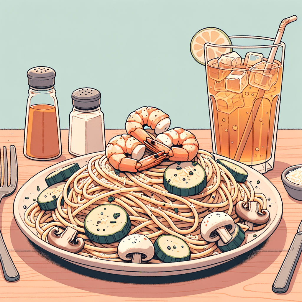 A ceramic plate piled with spaghetti in a creamy white sauce, topped with sautéed shrimp, thin zucchini ribbons, mushrooms, sprinkled with grated cheese and chopped herbs, served alongside a tall glass of amber-colored iced beverage on a wooden table.