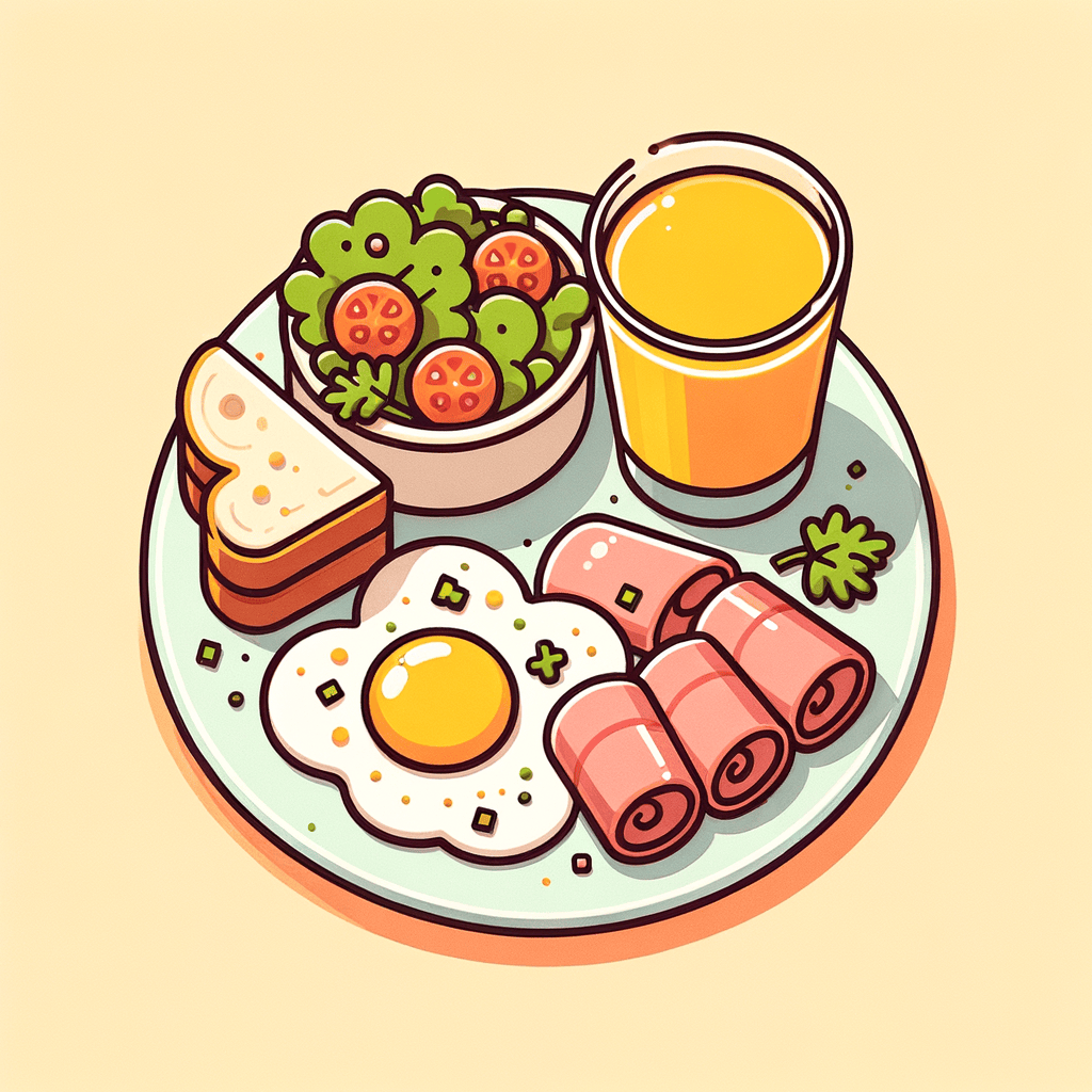 A pale ceramic plate holding bright yellow scrambled eggs sprinkled with finely grated cheese and chopped parsley, several thin pink slices of ham, a small heap of mixed green leaves with red and yellow cherry tomatoes, and two triangular slices of rustic sourdough bread, alongside a clear glass half-filled with vibrant orange juice.