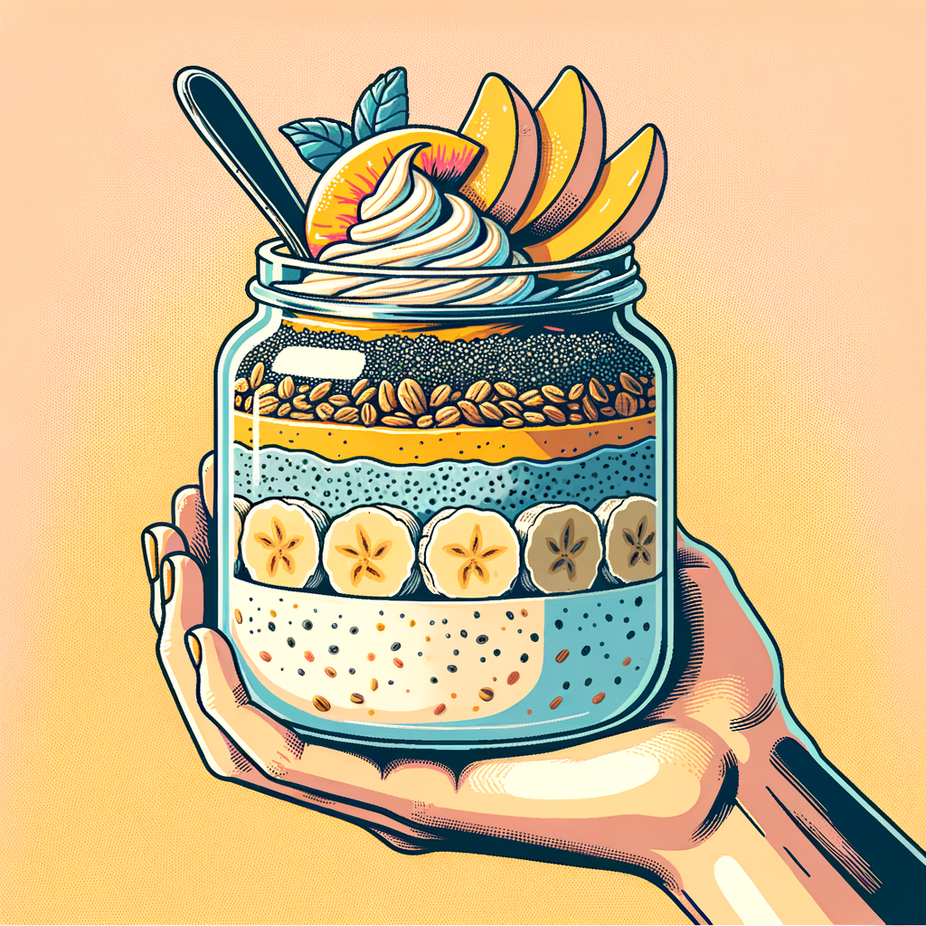 A glass container filled with creamy overnight oats studded with chia seeds, topped in neat rows with thinly sliced bananas, juicy peach wedges, and a sprinkle of golden granola clusters.