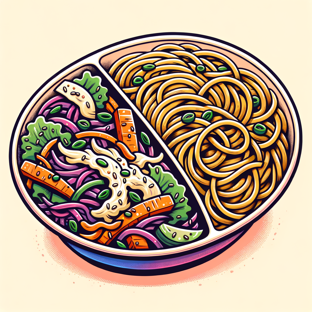 An oval to-go bowl filled with golden-brown stir-fried noodles tossed with sesame seeds and chopped green onions, accompanied on one side by a colorful cabbage and carrot slaw.