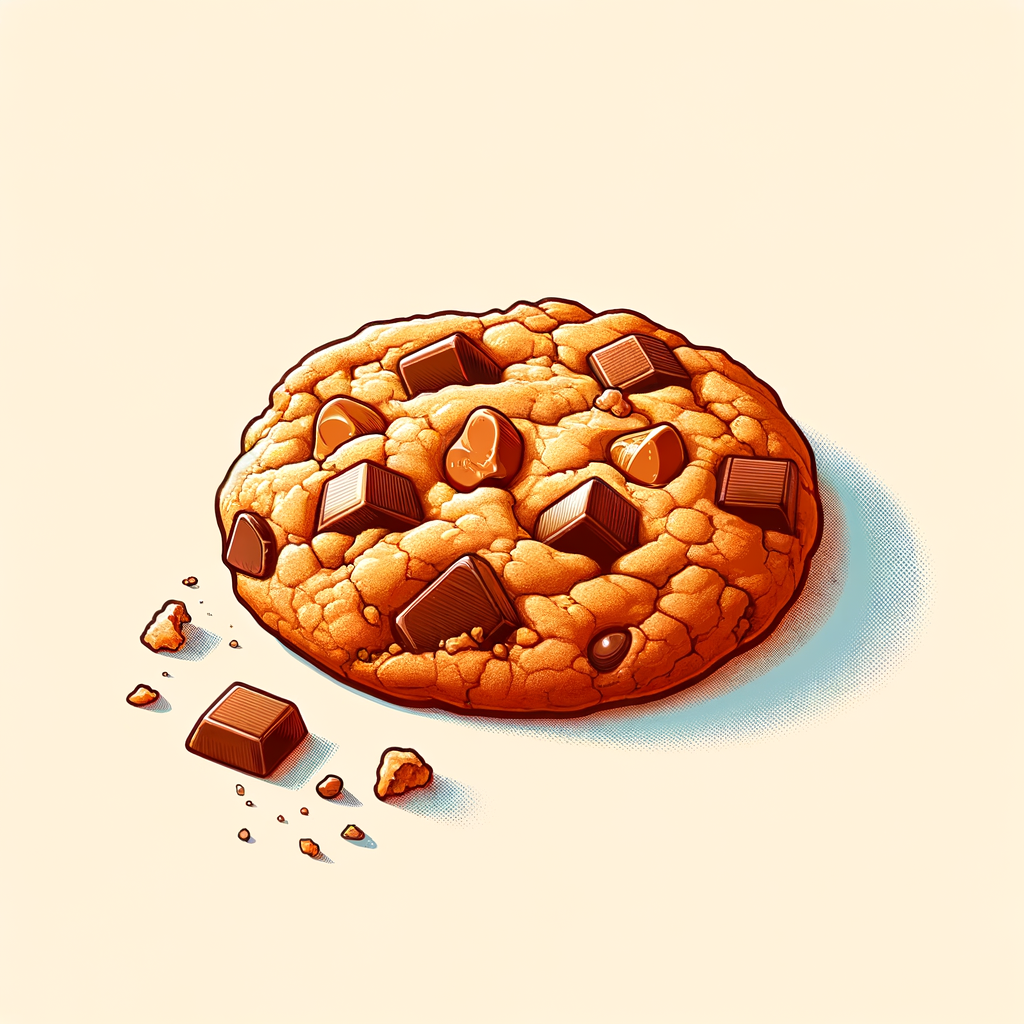 A partially eaten golden brown chocolate chip cookie with visible caramel chunks and chocolate chips, crumbly edges.