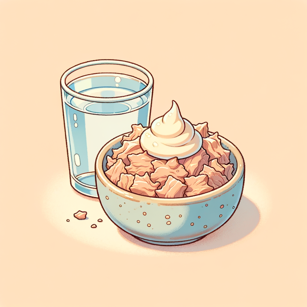 A small ceramic bowl filled with flaked tuna mixed with creamy mayonnaise, with a clear glass of water beside it.