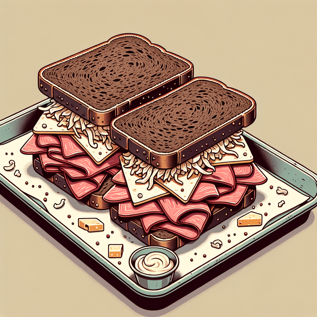Two slices of toasted dark rye bread sandwiching layers of thinly sliced pastrami, sauerkraut, melted Swiss cheese, and a dollop of creamy Russian-style dressing, presented on a metal tray lined with parchment paper.