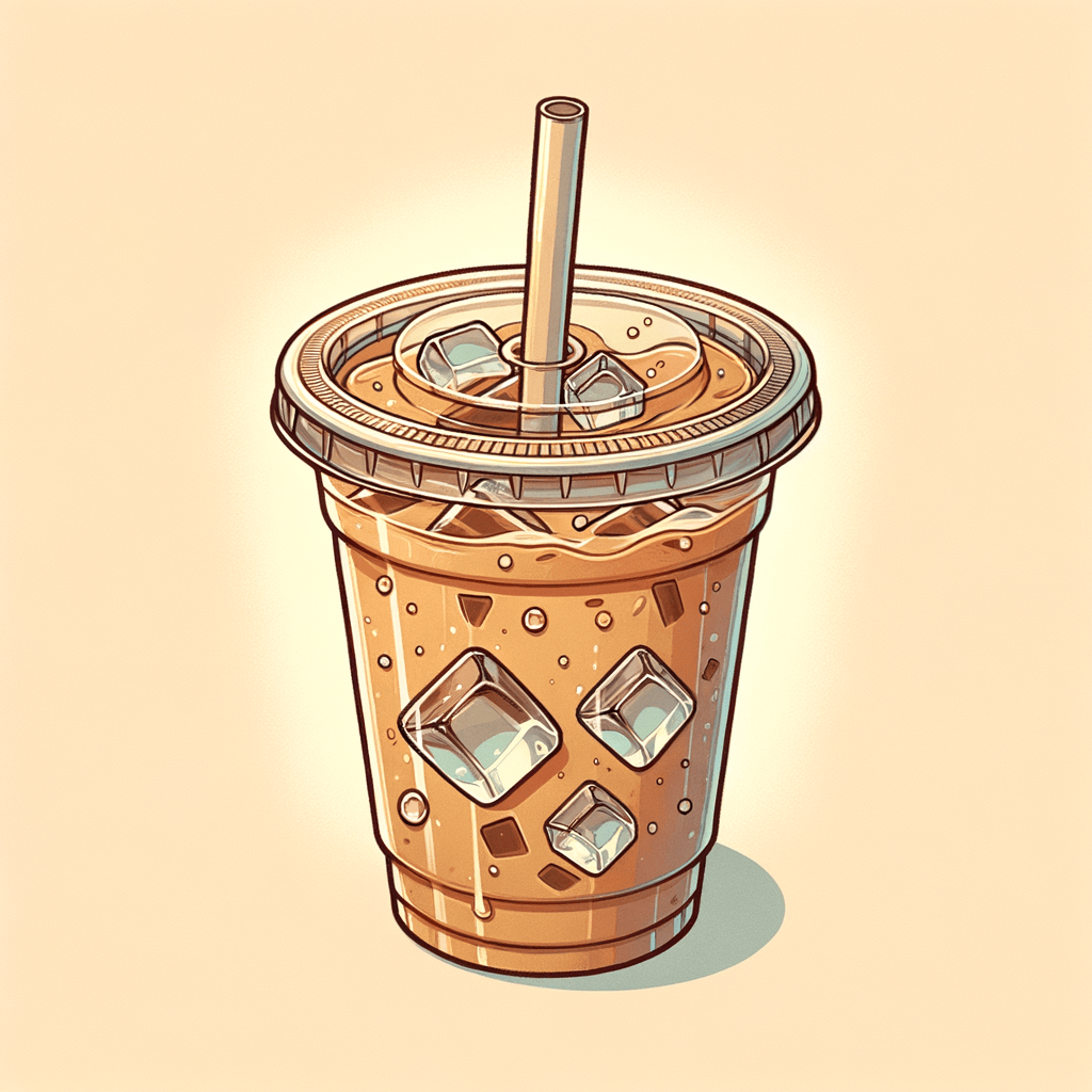A clear to-go cup filled with light brown iced coffee and visible ice cubes, crowned with a plastic lid and a straight paper straw, condensation beads on the outside of the cup.