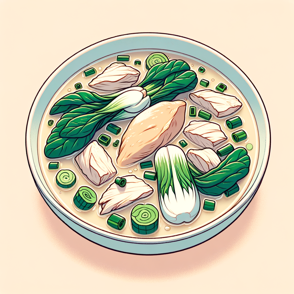 A white bowl of clear chicken broth with chunks of cooked white chicken and fresh green bok choy floating on the surface.