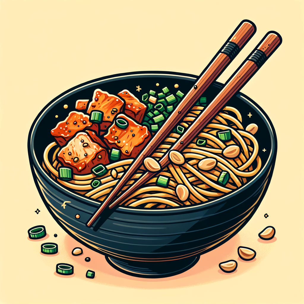 A black bowl filled with wheat noodles mixed with chunks of marinated chicken, chopped scallions, and peanuts coated in a spicy sauce, with wooden chopsticks resting on the edge.