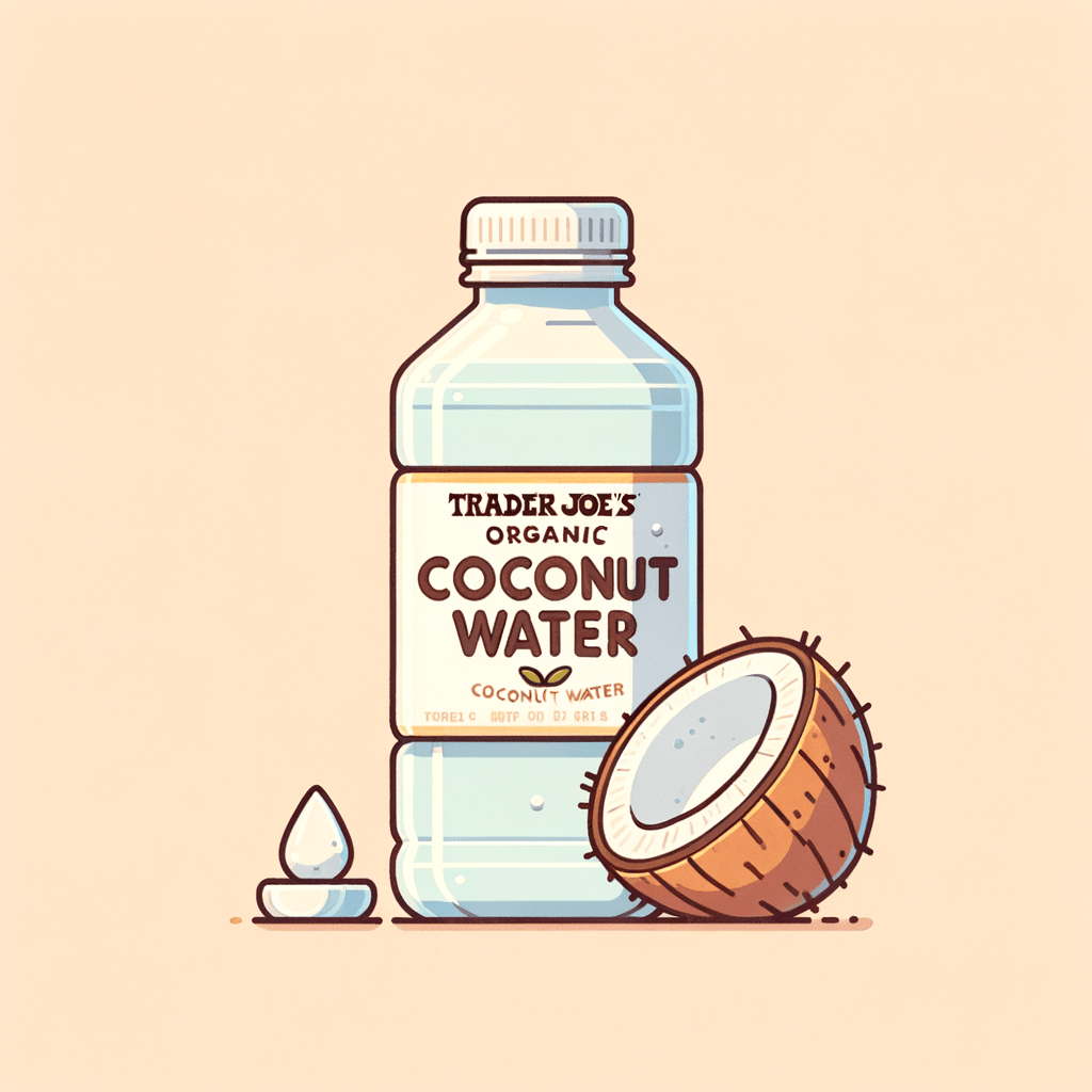 A clear plastic bottle labeled “Trader Joe’s Organic Coconut Water,” showing light coconut water inside against a plain background.