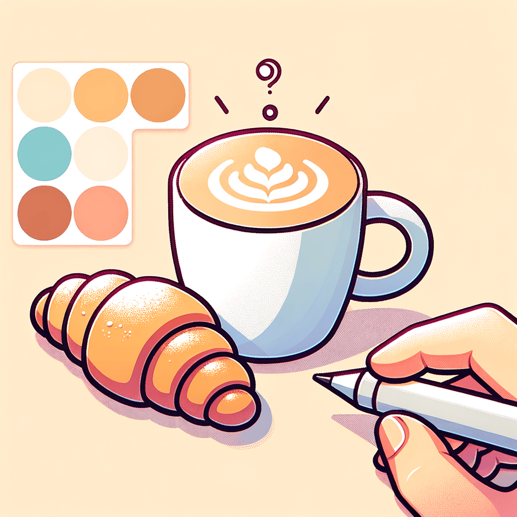 A white ceramic mug filled with light brown latte showing a thin layer of foam, placed next to a golden brown sugar-dusted pastry partially wrapped in clear plastic.