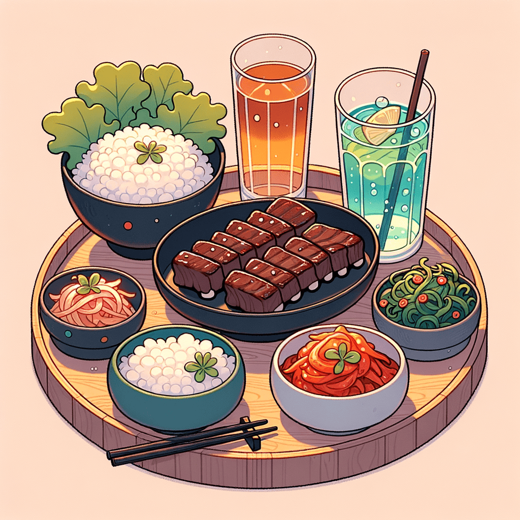 A wooden round tray holding a black oval plate of grilled beef short ribs, a blue bowl of white rice with green lettuce leaves, a grey bowl of red kimchi, a glass bowl of fresh green lettuce and perilla leaves, and two clear glasses of amber and yellow beverages.