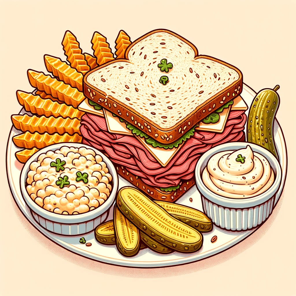 A deli-style platter featuring a seeded rye sandwich piled high with thinly sliced pastrami, melted Swiss cheese, and coleslaw, accompanied by golden French fries, crinkle-cut dill pickles, a small ramekin of creamy potato salad, and a white bowl of smooth cheesy grits.