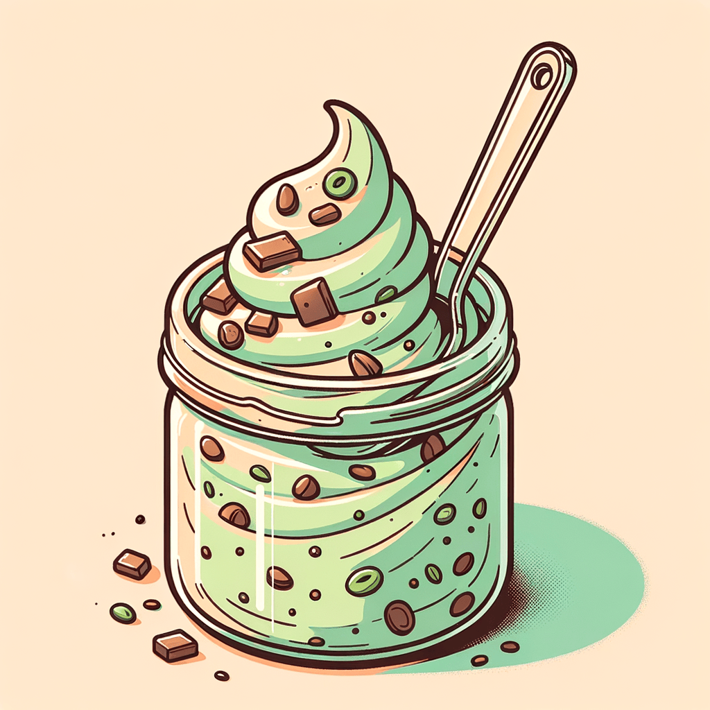 A small glass jar nearly empty with swirls of pale green pistachio gelato with bits of chocolate throughout, a clear plastic spoon standing upright in the jar.
