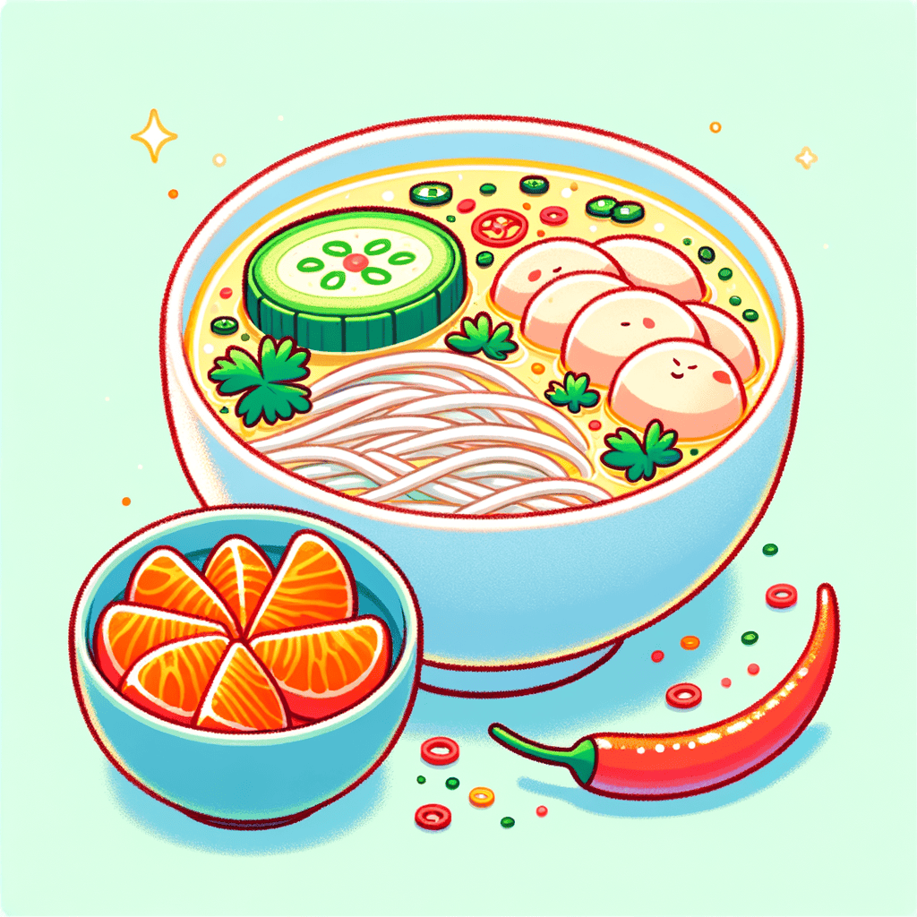 A white bowl of clear golden broth with thin white rice noodles, tender pieces of shredded chicken, a slice of bright green okra, garnished with fresh cilantro and thin red chili slices, served alongside a small blue bowl containing peeled orange tangerine segments.