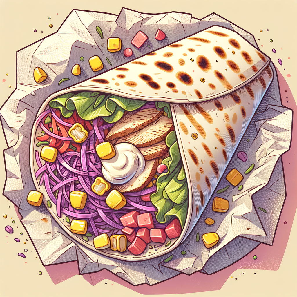 A Mediterranean-style flatbread wrap cut in half inside crinkled aluminum foil, revealing pieces of grilled chicken, bright yellow corn kernels, shredded purple cabbage, green lettuce, small diced red and orange bell peppers, all coated in a creamy white yogurt sauce.