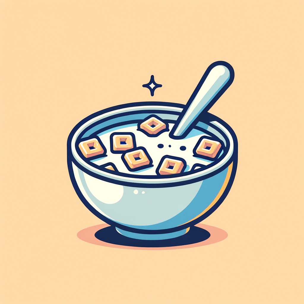 A white ceramic bowl filled with grid-patterned cereal pieces immersed in white milk with a metal spoon inside.
