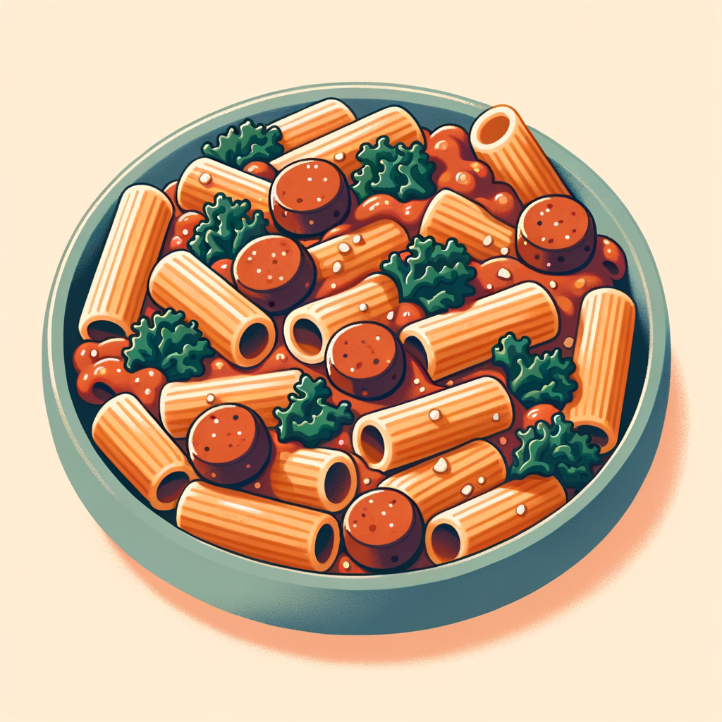 A round ceramic plate piled with short tubular pasta coated in a light reddish-brown meat sauce, scattered with browned sausage crumbles and dark green wilted kale.