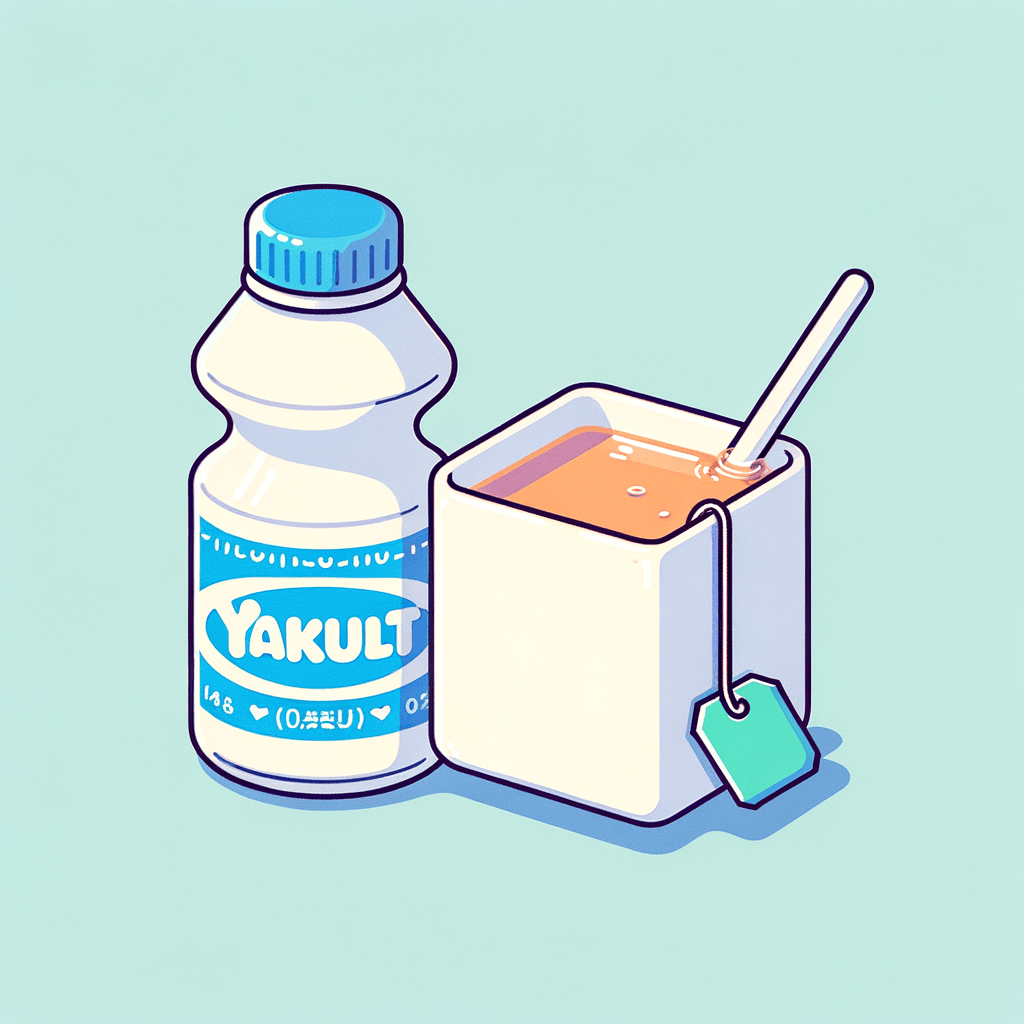 A small plastic Yakult bottle with light blue and white labeling beside a white ceramic cup filled with amber-green tea and a tea bag steeping inside.